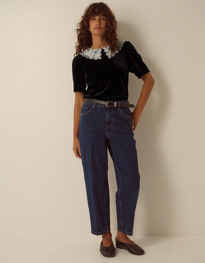 Lenora Lace Collar Velvet Top, Black (BLACK), large
