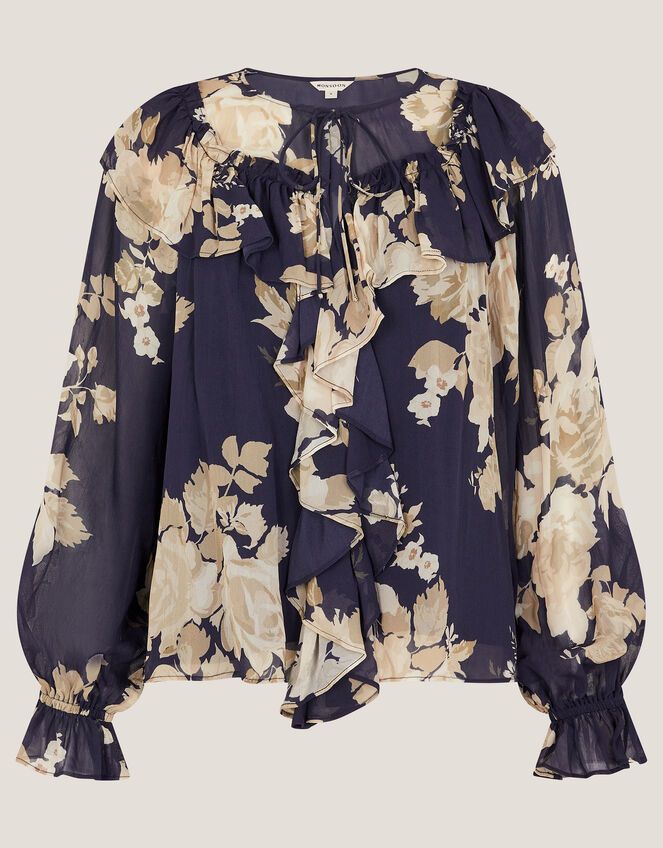 Sasha Floral Print Ruffle Blouse, Blue (NAVY), large