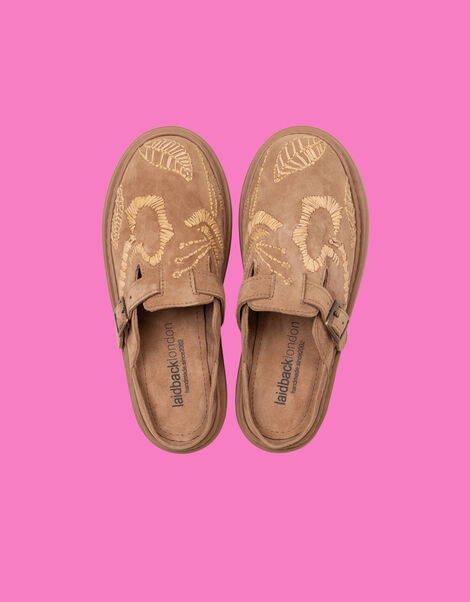 Laidback London Embroidered Suede Clogs, Camel (CAMEL), large