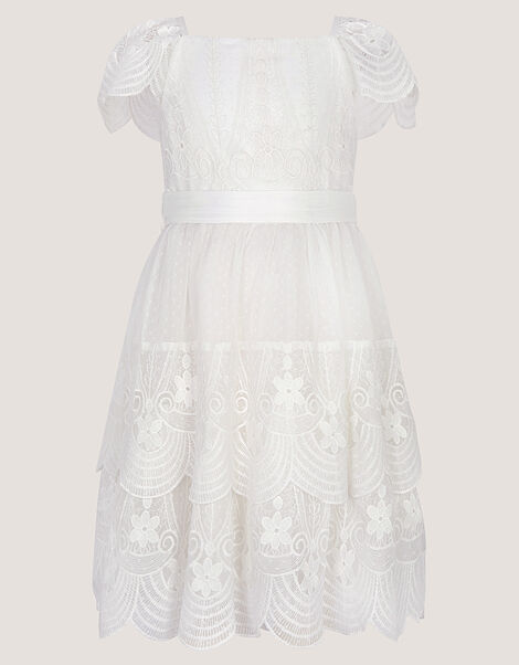 Isabel Lace Scallop Tiered Party Dress, Ivory (IVORY), large