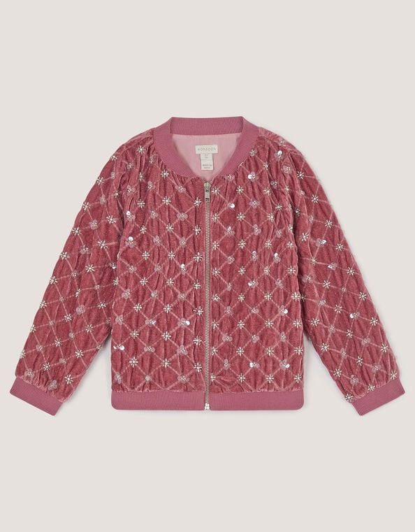 Gracie Embellished Velour Bomber Jacket, Pink (PINK), large