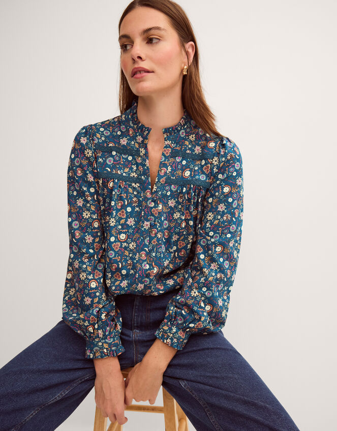 Francine Floral Jersey Blouse, Teal (TEAL), large