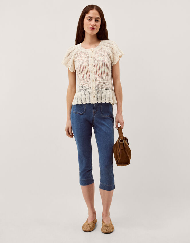 Indi Short Sleeve Floral Pointelle Cardigan, Ivory (IVORY), large