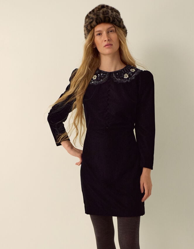 Monsoon x Queens of Archive Penny Sequin Collar Velvet Mini Dress​, Black (BLACK), large