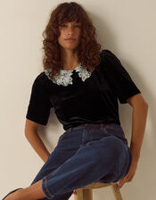 Lenora Lace Collar Velvet Top, Black (BLACK), large