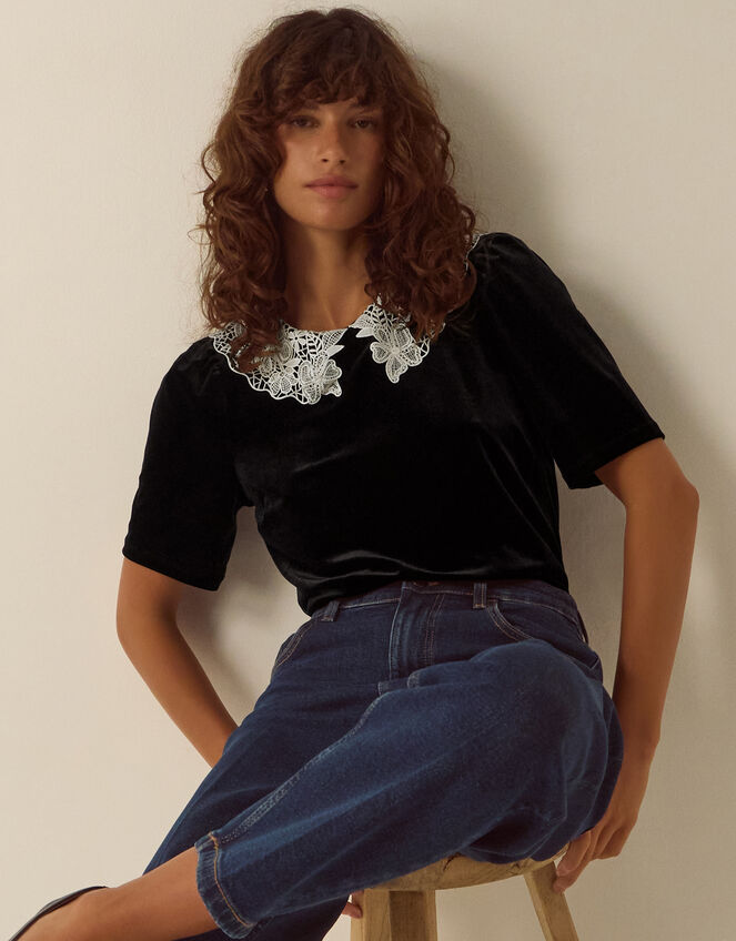 Lenora Lace Collar Velvet Top, Black (BLACK), large