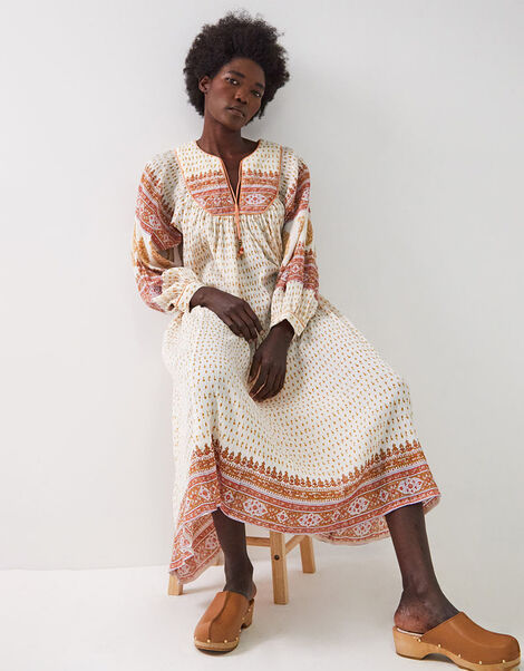 East Tilly Hand-Block Print Midi Smock Dress, Yellow (MUSTARD), large