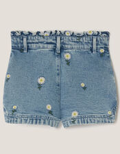 Daisy Embroidered Denim Shorts, Blue (BLUE), large