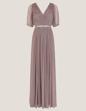 Ellie Sheer Sleeve Plunge Tulle Maxi Dress, Mink (MINK), large
