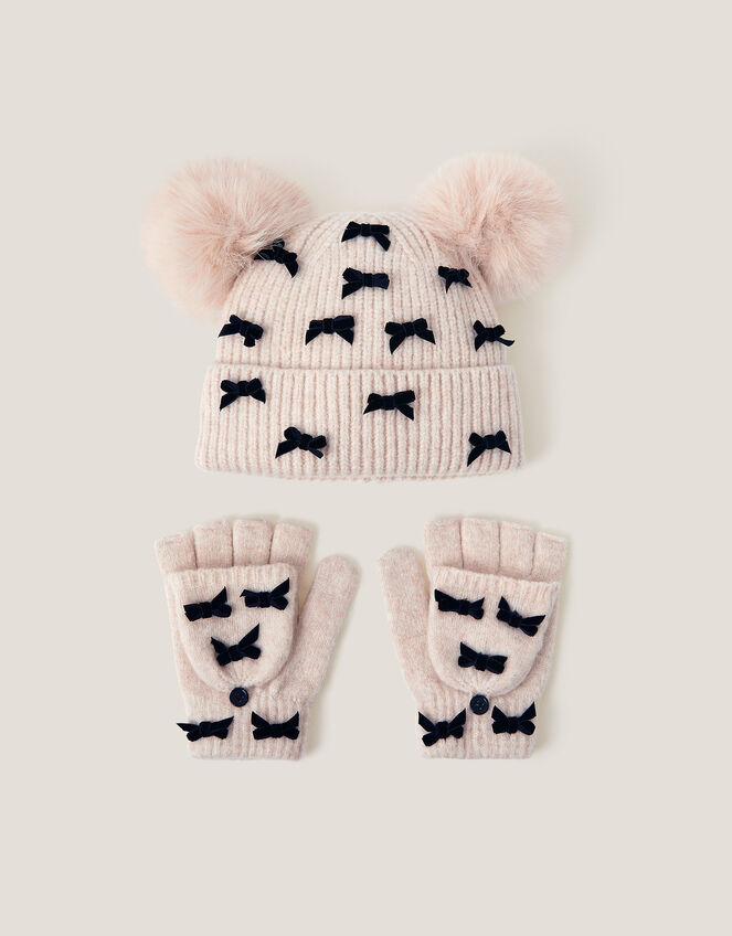 Bow Bobble Hat & Gloves Set, Camel (OATMEAL), large