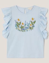 Floral Embroidered Frill T-Shirt, Blue (BLUE), large