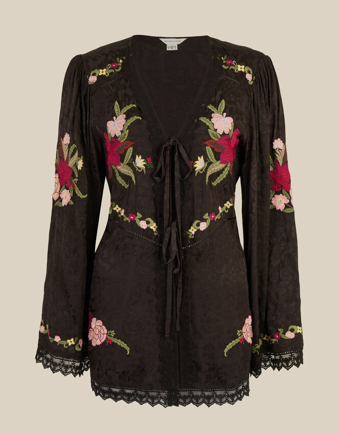 Yara Floral Embroidered Lace Trim Top, Black (BLACK), large