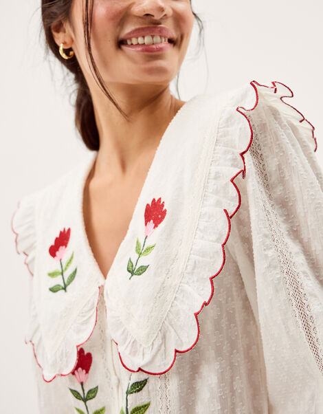 Talia Tulip Embroidered Scallop Collar Top, White (WHITE), large