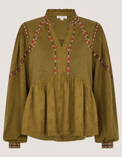 Fabia Embroidered Blouson Blouse, Green (KHAKI), large