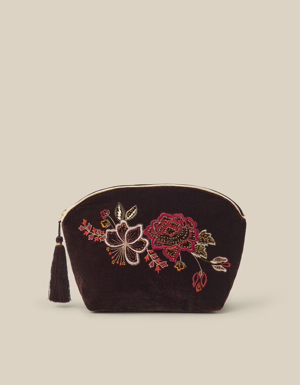 Floral Embroidered Velvet Make Up Bag, , large