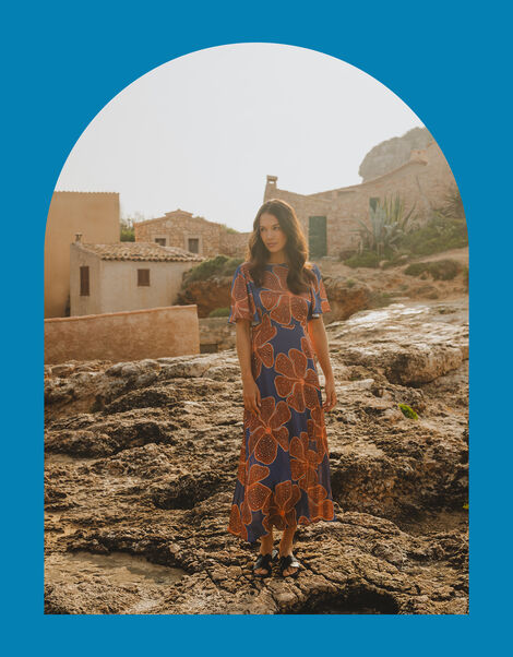 Traffic People Rene Flutter Floral Print Midi Dress, Blue (BLUE), large