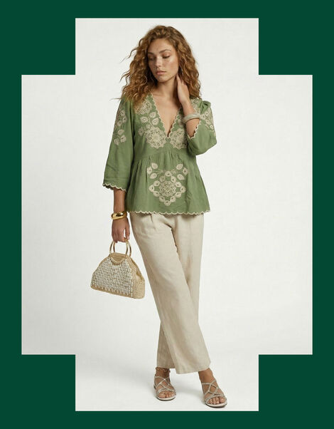 Raffya Aubrey Embroidered Tunic Blouse, Green (GREEN), large