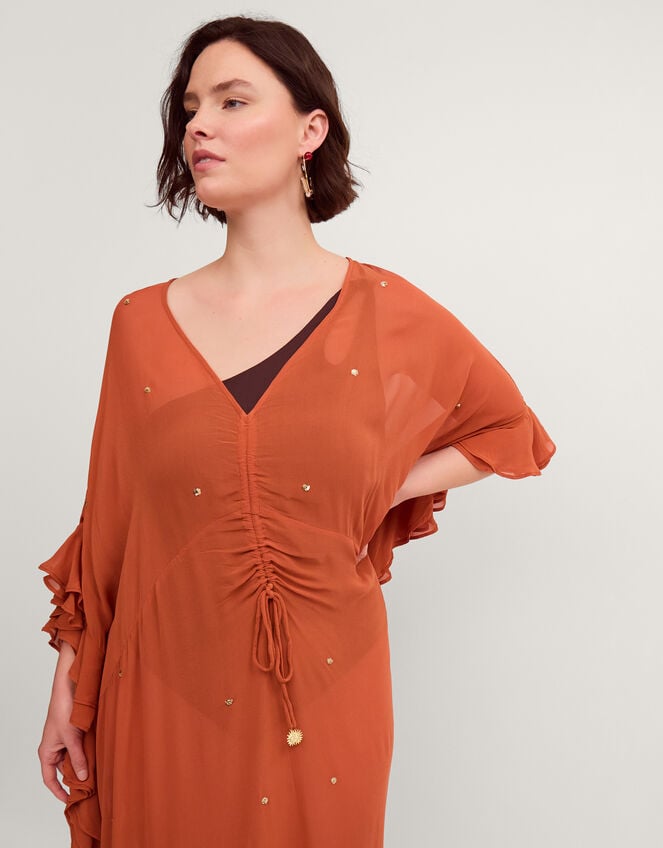 Callie Thorpe x Monsoon Embellished Ruffle Sheer Maxi Kaftan, Orange (RUST), large