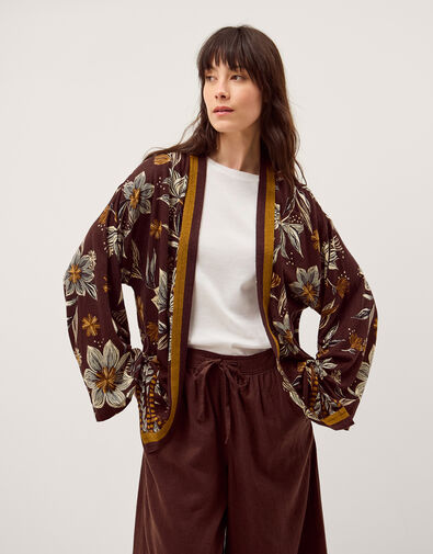 Esther Floral Linen Blend Jacket, Brown (CHOCOLATE), large