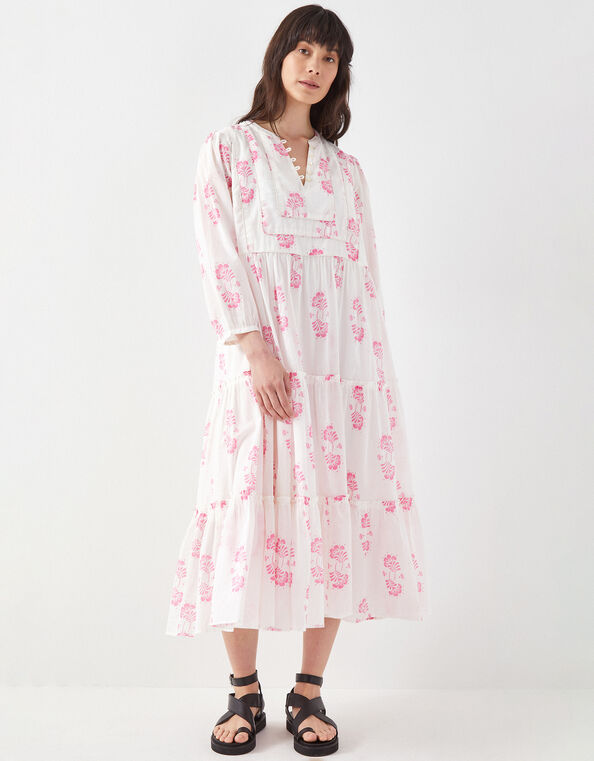 East Millie Hand-Screen Floral Print Midi Dress, Pink (PINK), large