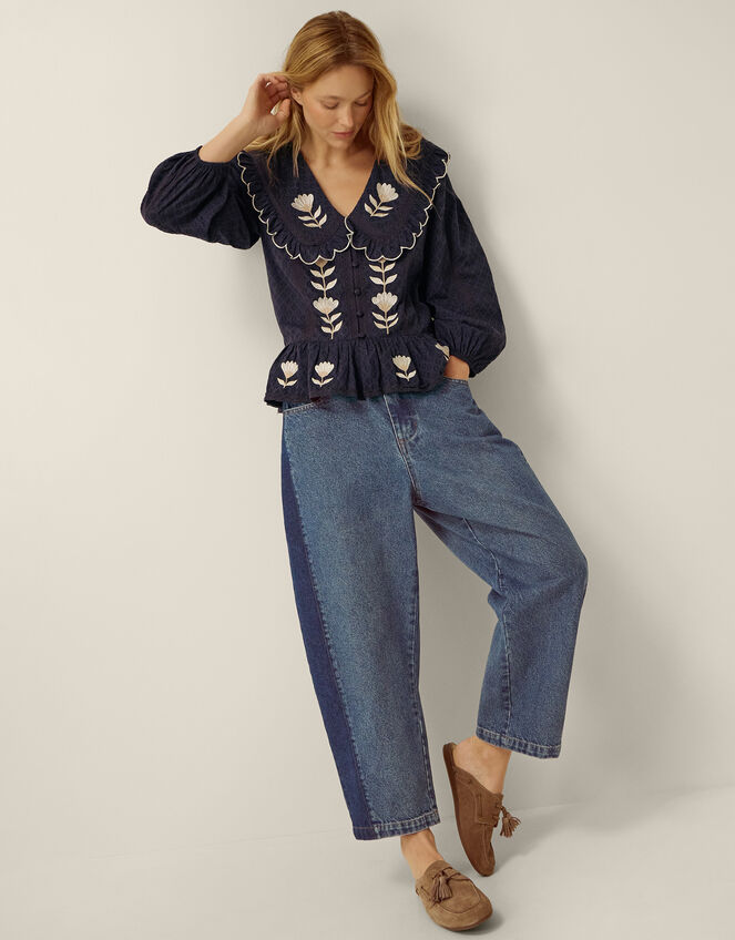 Talia Tulip Embroidered Scallop Collar Top, Blue (NAVY), large