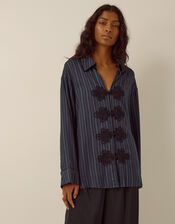 Ellie V-Neck Frogging Stripe Shirt , Blue (NAVY), large