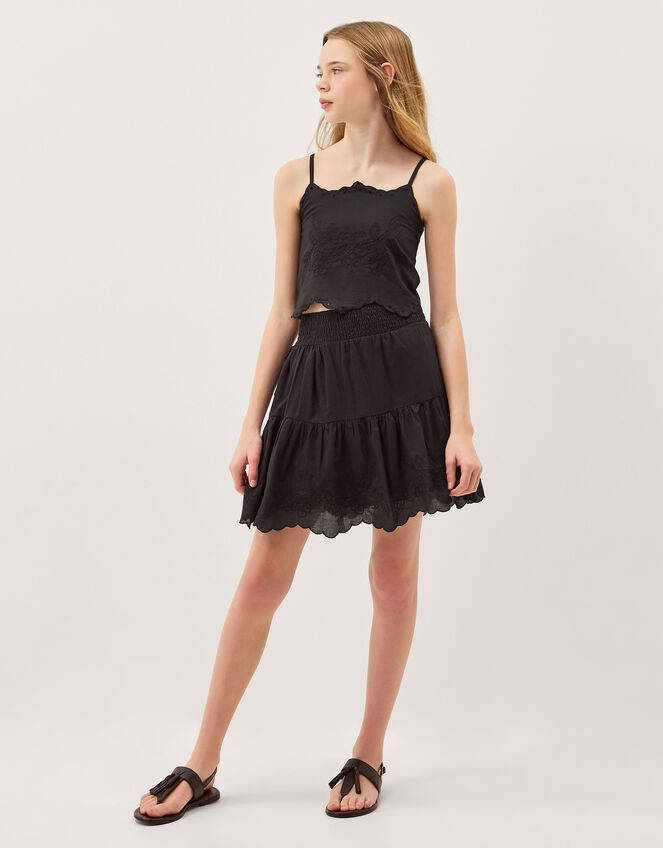Embroidered Cotton Top & Skirt Set, Black (BLACK), large