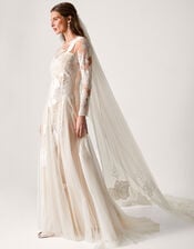 Milena Long Sleeve Floral Embroidered Mesh Wedding Dress, Ivory (IVORY), large