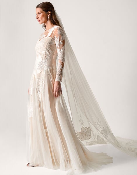 Milena Long Sleeve Floral Embroidered Mesh Wedding Dress, Ivory (IVORY), large