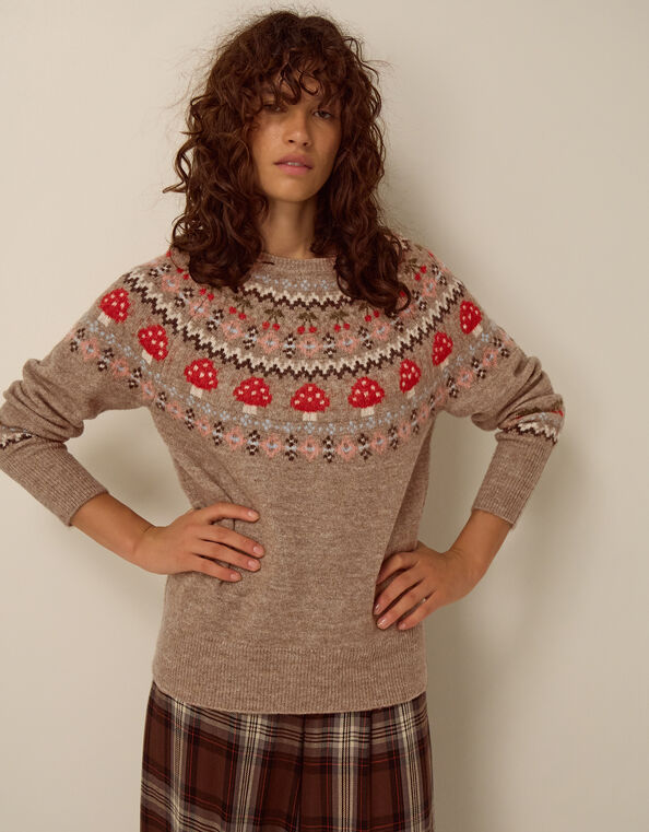 Mia Mushroom Fair Isle Sweater, Mink (MINK), large