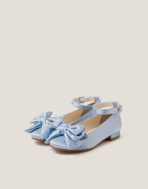 Pearl Bow Satin Flats, Blue (BLUE), large