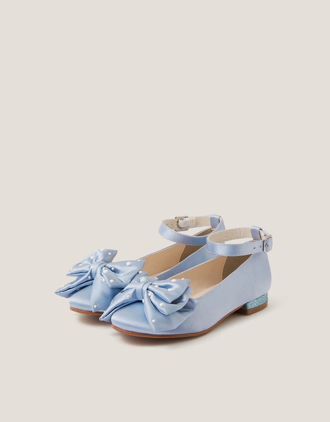 Pearl Bow Satin Flats, Blue (BLUE), large