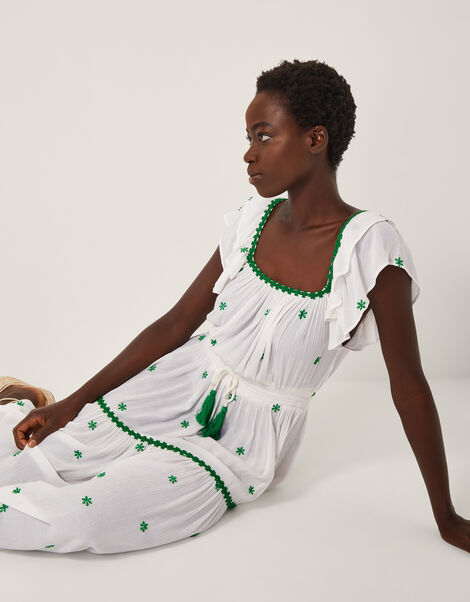 Isabelle Embroidered Square Neck Midi Dress, White (WHITE), large