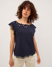 Gaia Floral Cutwork Top, Blue (NAVY), large