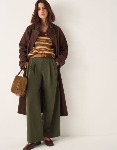 Esther Pleat Wide Leg Trousers, Green (KHAKI), large