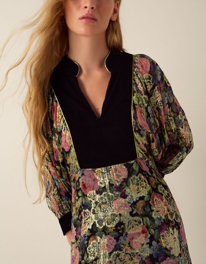 Monsoon x Queens of Archive Patti Velvet Bib Metallic Floral Jacquard Maxi Dress​, Black (BLACK), large