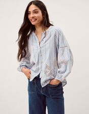 Maia Embroidered Stripe Blouse, Blue (BLUE), large