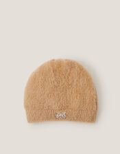 Jewel Bow Fuzzy Beanie Hat, Camel (CAMEL), large