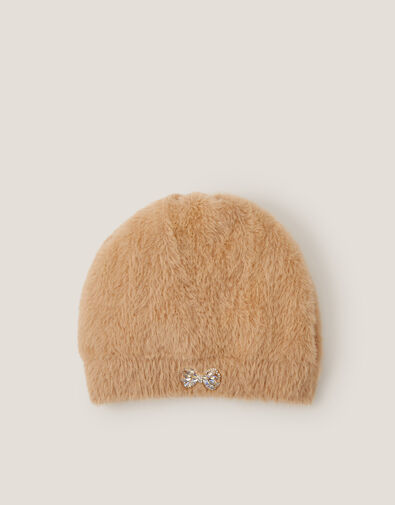 Jewel Bow Fuzzy Beanie Hat, Camel (CAMEL), large