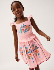 Embroidered Fruit Frill Scallop Edge Dress, Pink (PINK), large