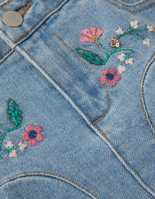 Floral Embroidered Denim Mini Skirt, Blue (BLUE), large