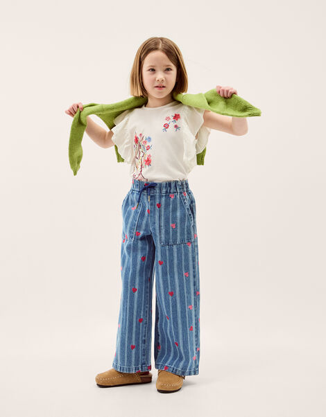 Embroidered Heart Stripe Denim Jeans, Blue (BLUE), large