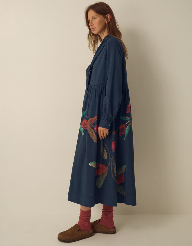 East Freddie Tie Neck Floral Placement Print Midi Dress, Blue (NAVY), large