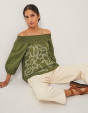 Julie Embroidered Bardot Top, Green (KHAKI), large