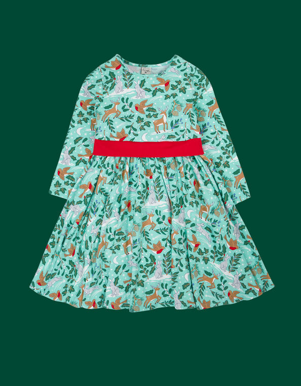 Frugi Christmas Party Skater Dress, Green (LIGHT GREEN), large