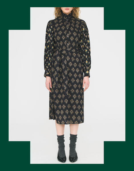 Antik Batik Chino Floral Jacquard Midi Dress, Black (BLACK), large