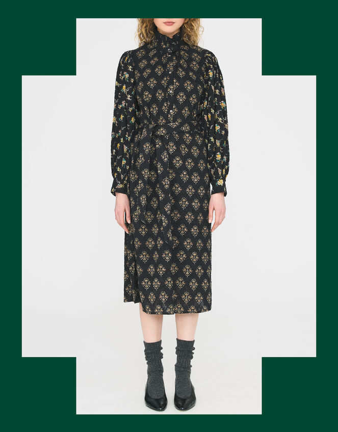 Antik Batik Chino Floral Jacquard Midi Dress, Black (BLACK), large