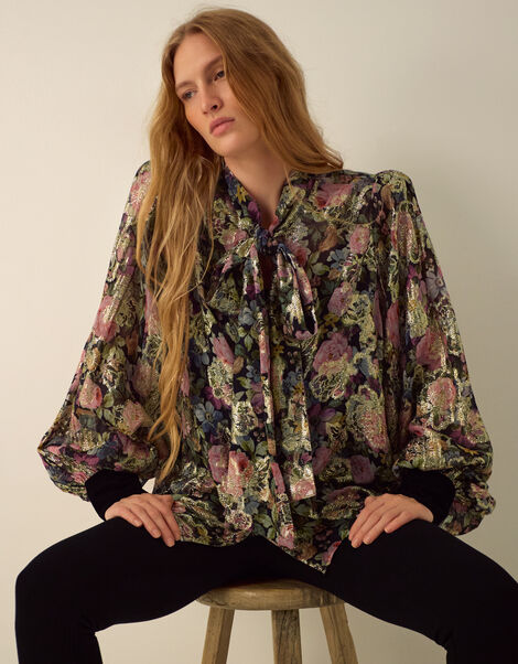 Monsoon x Queens of Archive Patti Metallic Floral Jacquard Blouse​, Black (BLACK), large