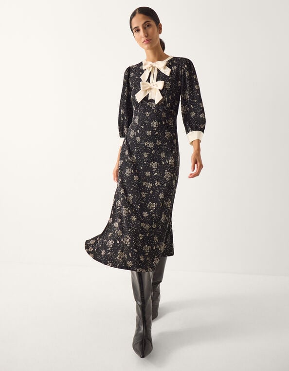 Dotty Bow Floral Jersey Midi Dress, Black (BLACK), large