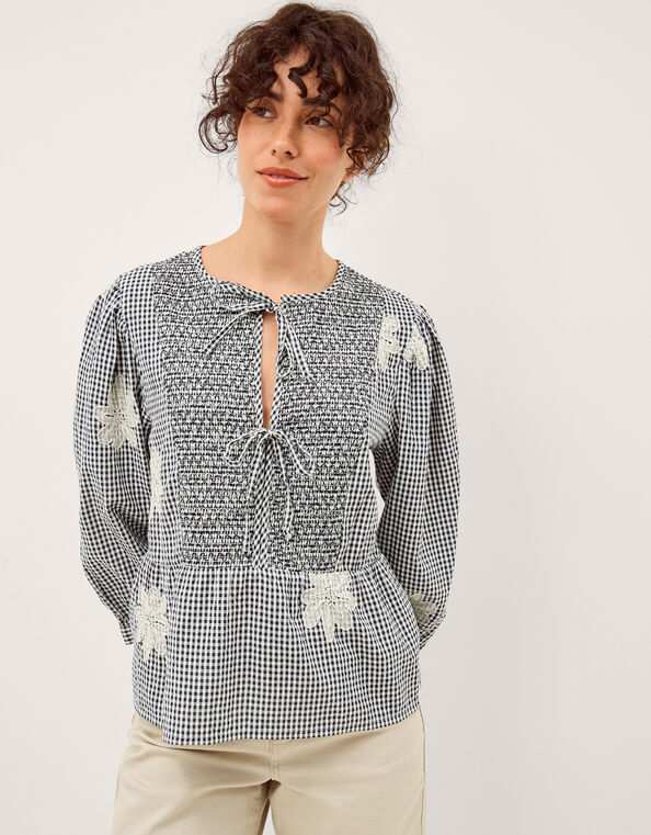 Mimi Embroidered Gingham Top, Black (BLACK), large